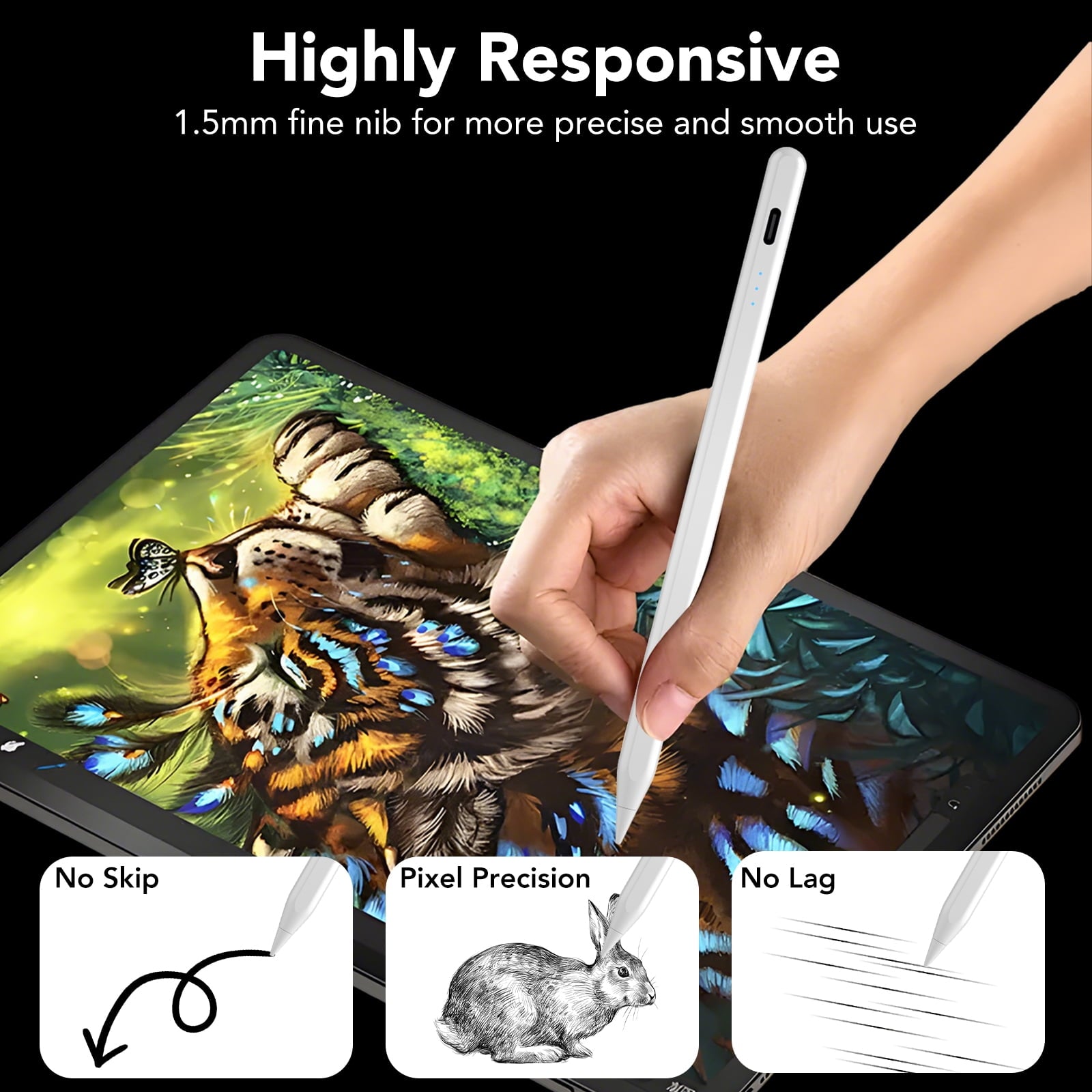 Stylus Pen for iPad 6th-11th Generation, Fast Charge with Palm Rejection & Tilt Sensitivity, Compatible with 2018-2025 iPad 6/7/8/9/10/11, Pro 11"/12.9"/M4, Air 3/4/5/M2/M3, Mini 5/6