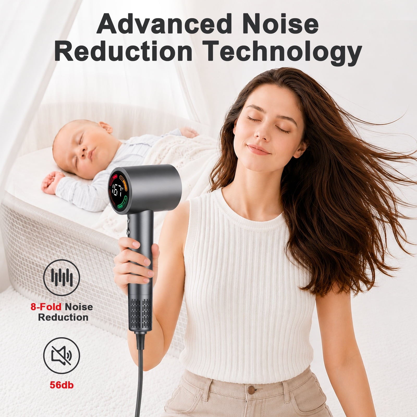 Hair Dryer, 160,000 RPM Professional-Grade Upgraded Ion Hair Dryer with Temperature Control and Low-Noise Function, Suitable for All Hair Types, Fast Drying, Includes Diffuser and Ambient LED Lights