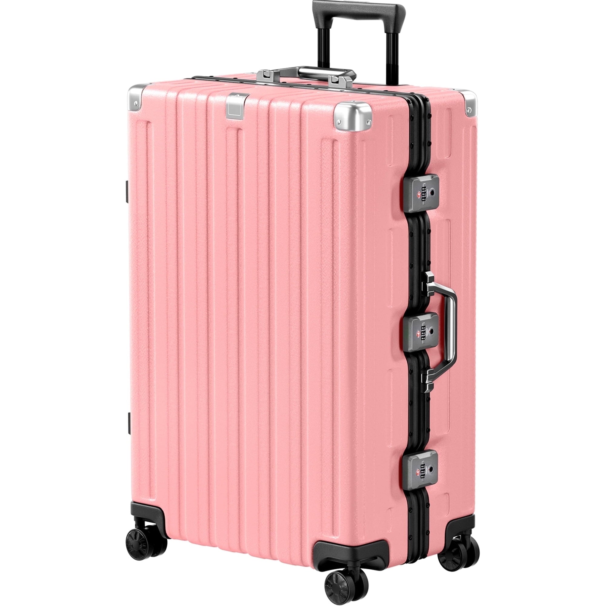 Checked Luggage Aluminum Frame Suitcase with Wheels PC ABS Hardside Zipperless with TSA Lock 28 Inch Pink